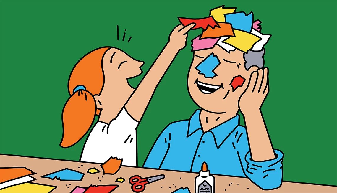 25 Ways to Bond With Grandchildren A young child gets hands-on with glue, glitter and cardboard with her grandfather in this illustration