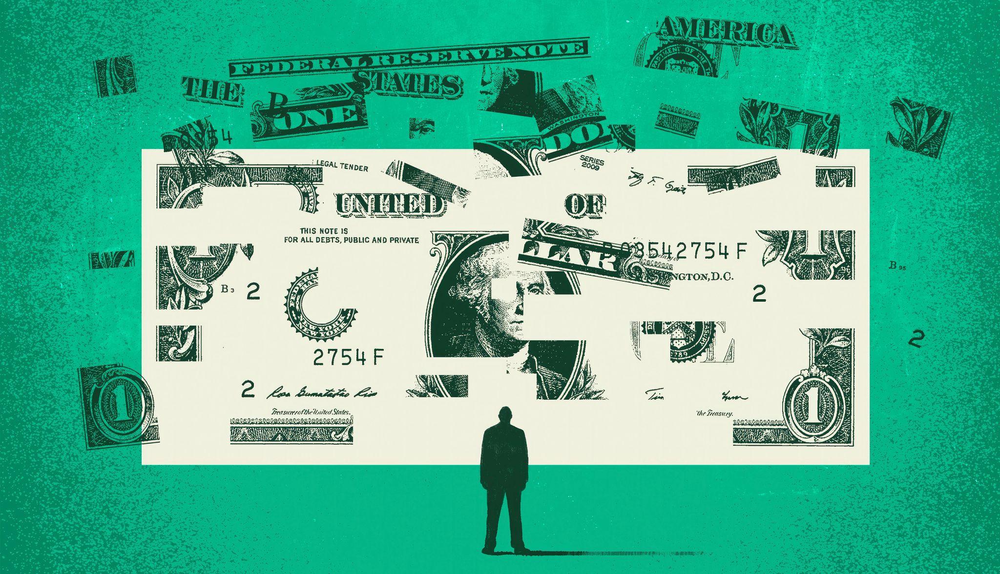 Proyecto de ley respaldado por AARP combate las estafas de “deepfake” con IA Ilustración de un hombre parado frente a un billete de un dólar en pedazos.