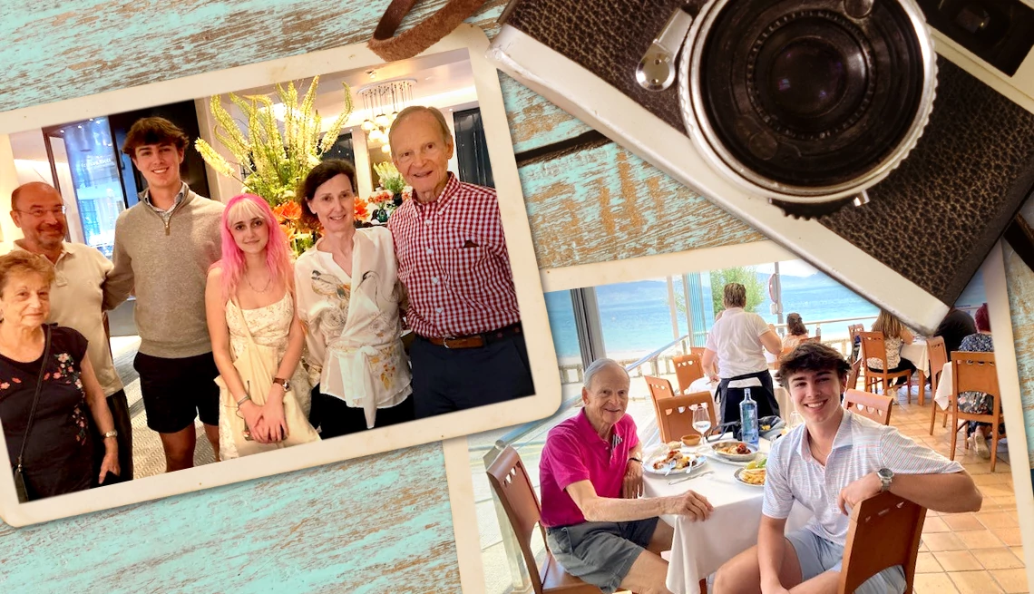 Frank Lorenzo was a former CEO of Continental Airlines left: photo of Frank Lorenzo with his family; right: Frank Lorenzo with his grandson sitting at a restaurant
