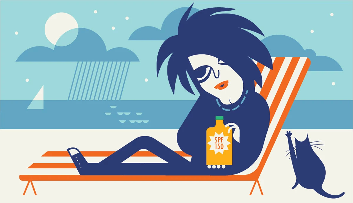 an illustration shows musician robert smith lounging on the beach, holding a bottle of s p f 150 sunscreen