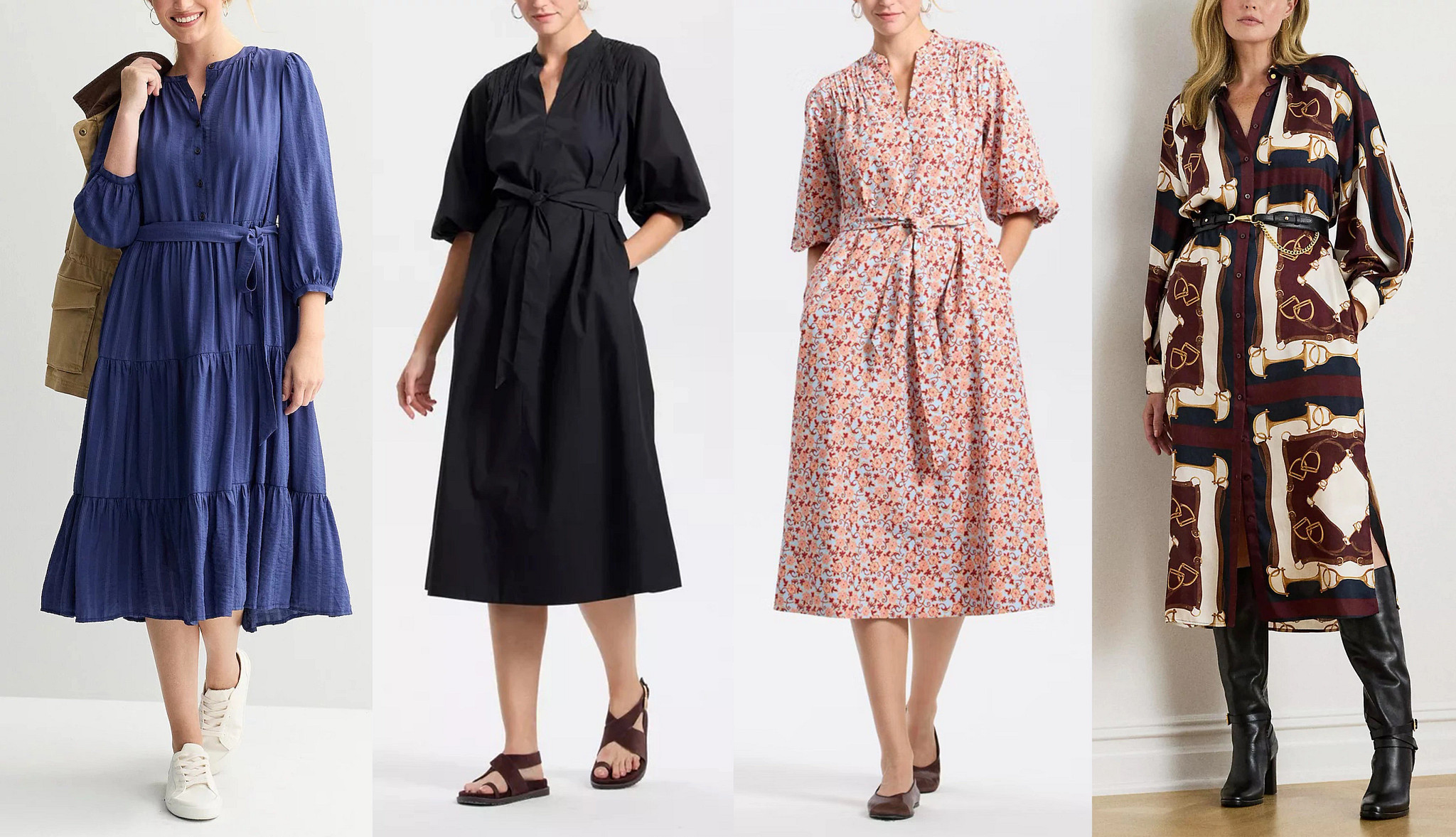 a collage with models wearing four different styles of belted midi dresses