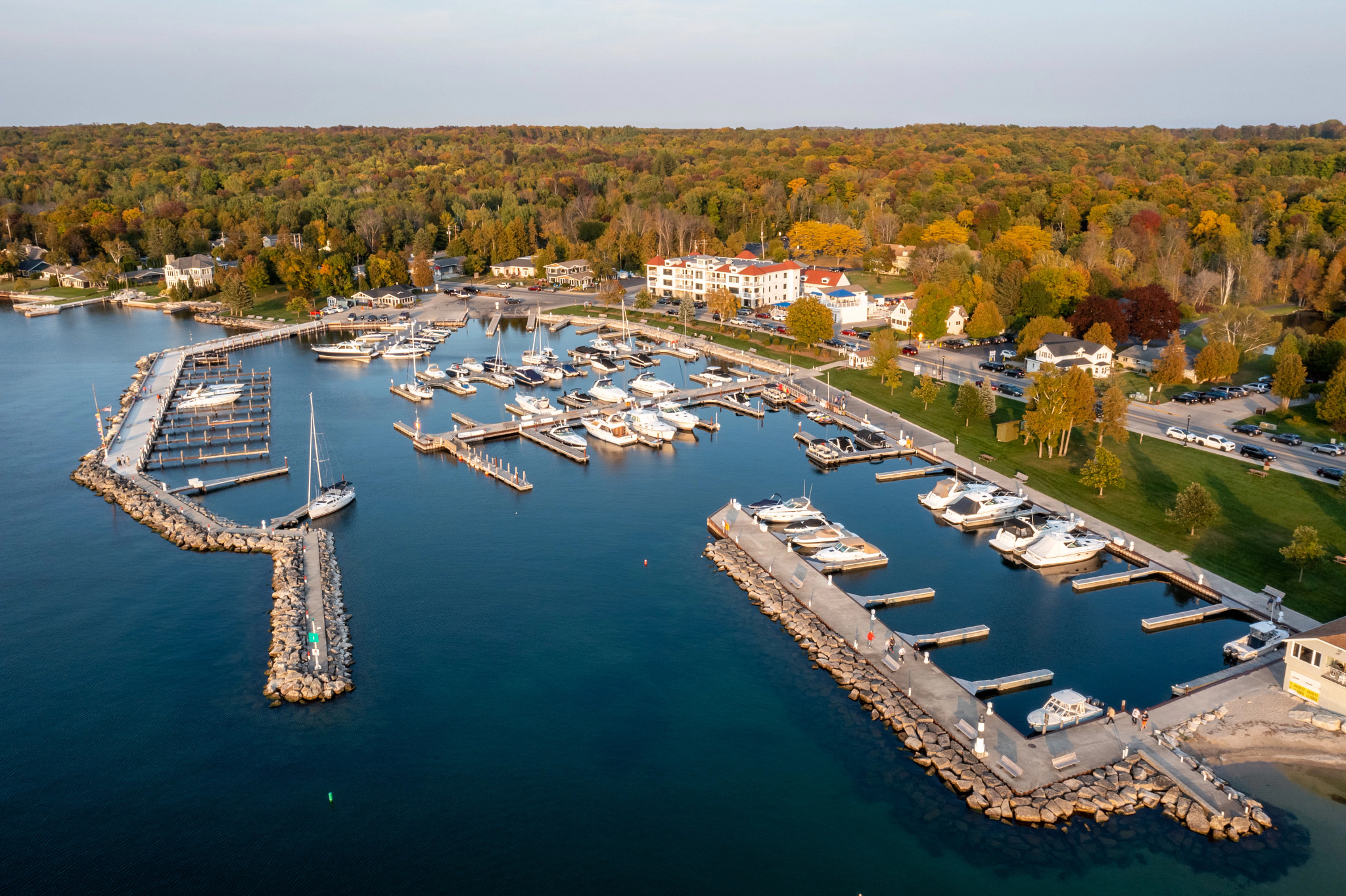 an aerial view of Sister Bay, Wisconsin