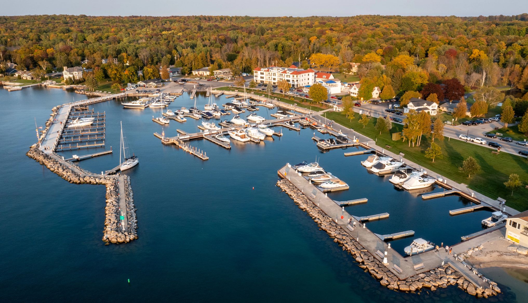 Beach Towns for Fall Getaways an aerial view of Sister Bay, Wisconsin
