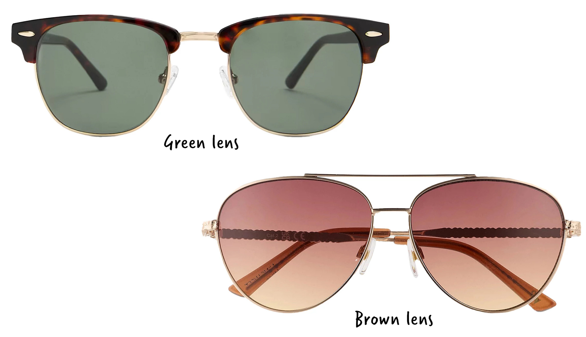 a collage with labeled examples of a pair of sunglasses with green lenses and a pair with brown lenses