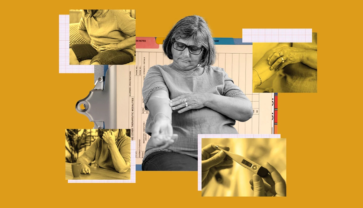 collage on a gold background featuring a central black-and-white image of a woman in glasses touching her arm