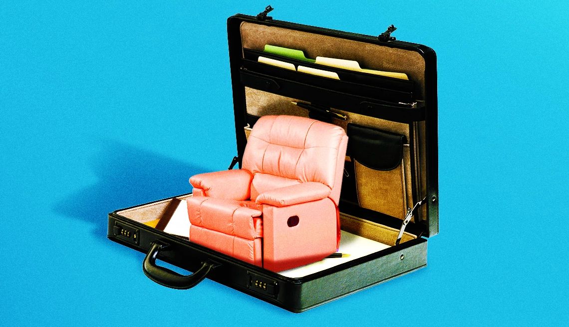 Smart Guide to Working From Home A plush pink recliner, tucked neatly inside a professional briefcase.