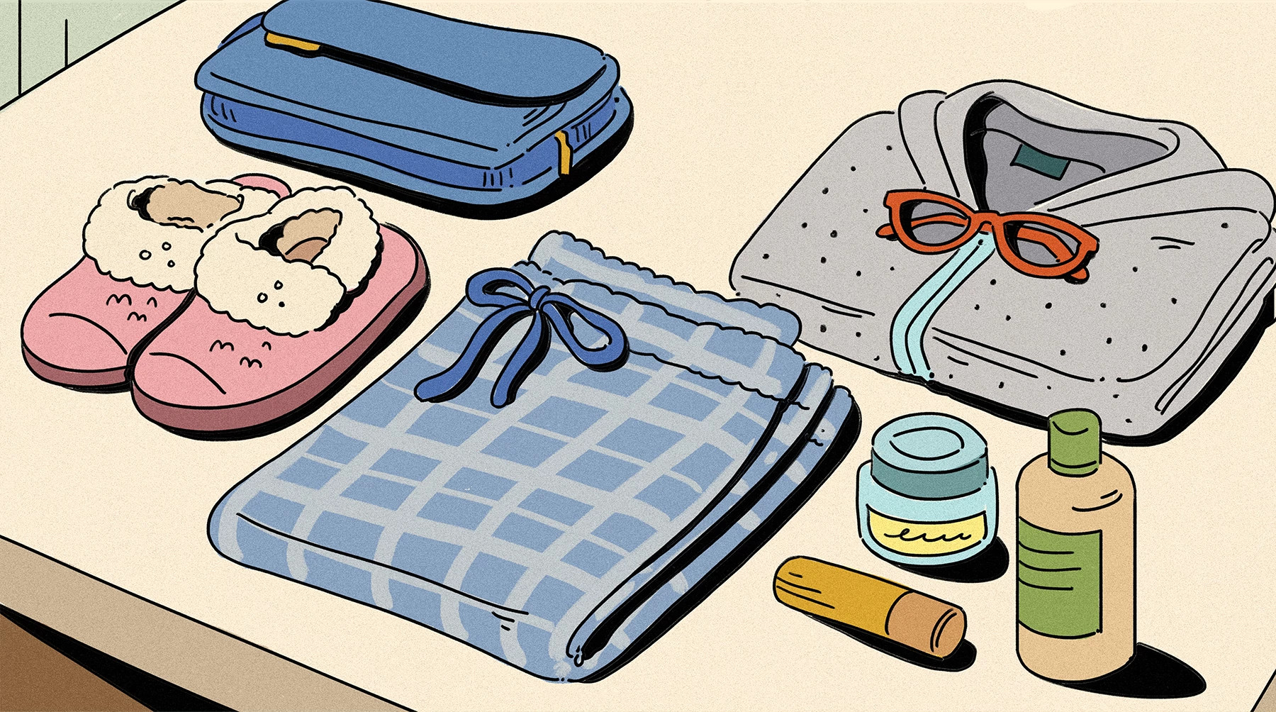 An illustration of hospital essentials including grippy slippers, loose pajama bottoms, a zip-up hoodie, glasses, moisturizer, and lip balm.
