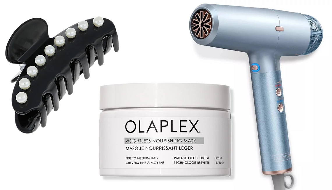 a collage with a hair clip a hair mask and a hairdryer