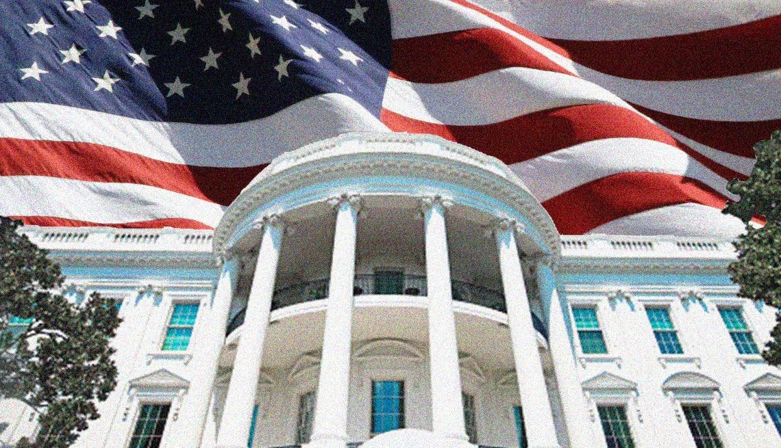 Election Day 2024 the white house and an american flag