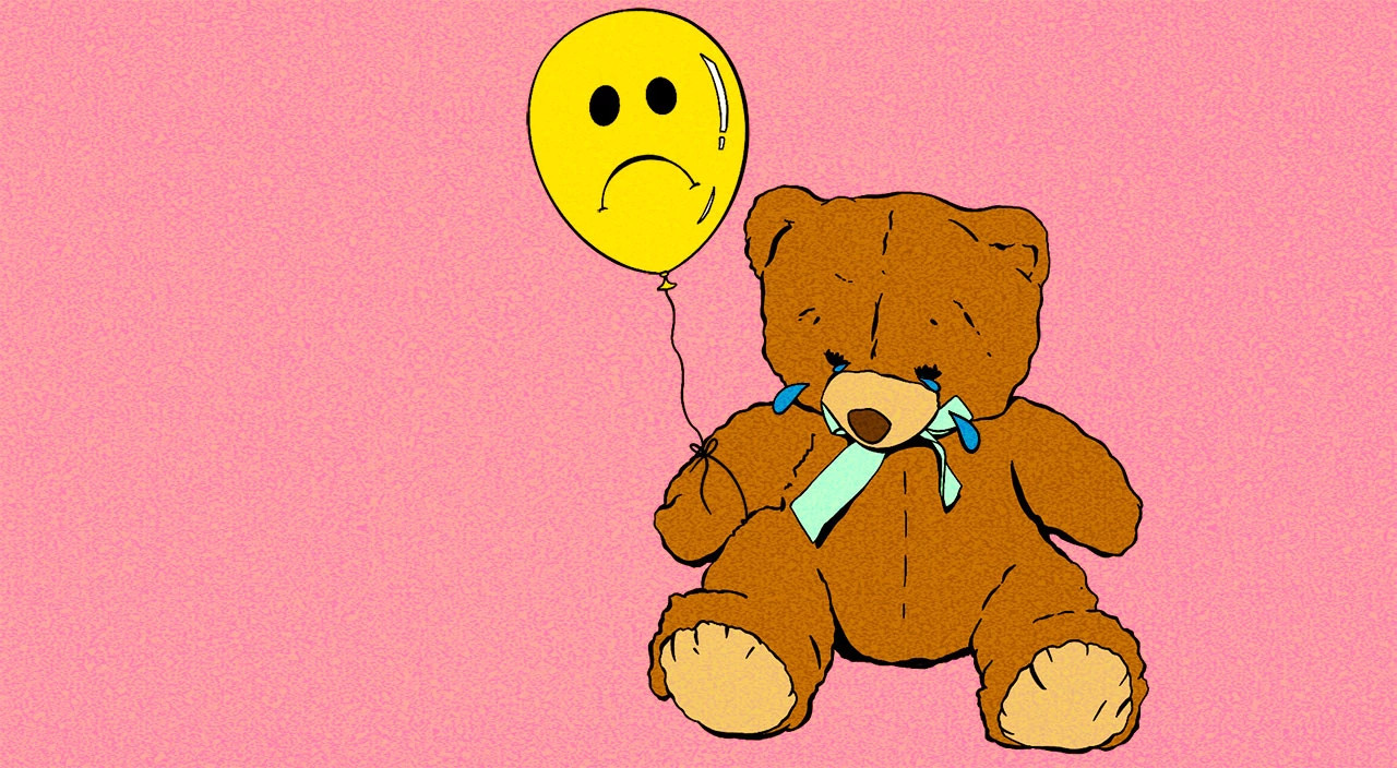 gif illustration of a crying teddy bear holding a sad balloon