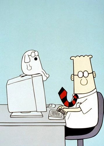 cartoon of dogbert sitting on a computer terminal looking down at dilbert, who is at a desk