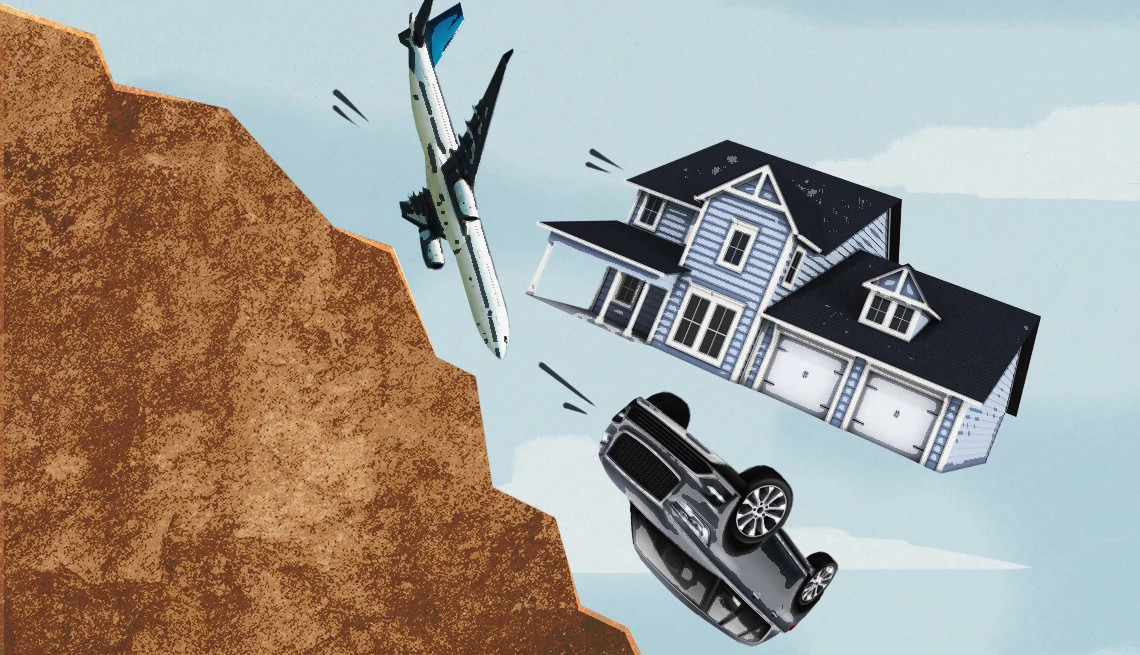 an airpane, house and car fall off a clip