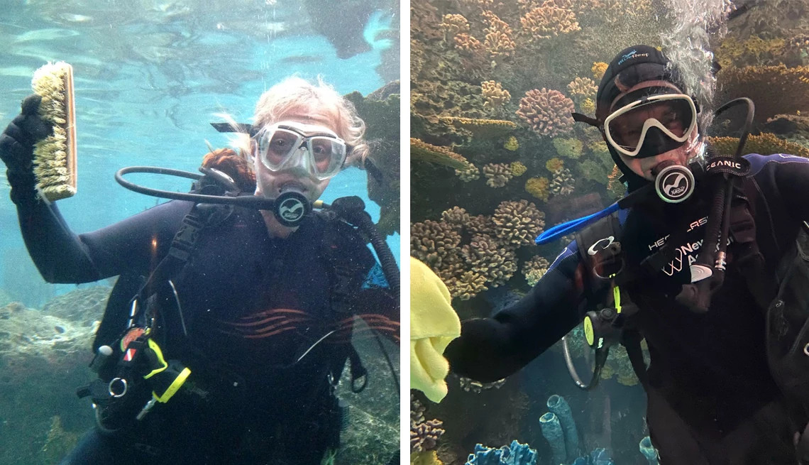  a combined photo shows Vanessa Valdes and George Babiak cleaning the tank at the New York Aquarium.