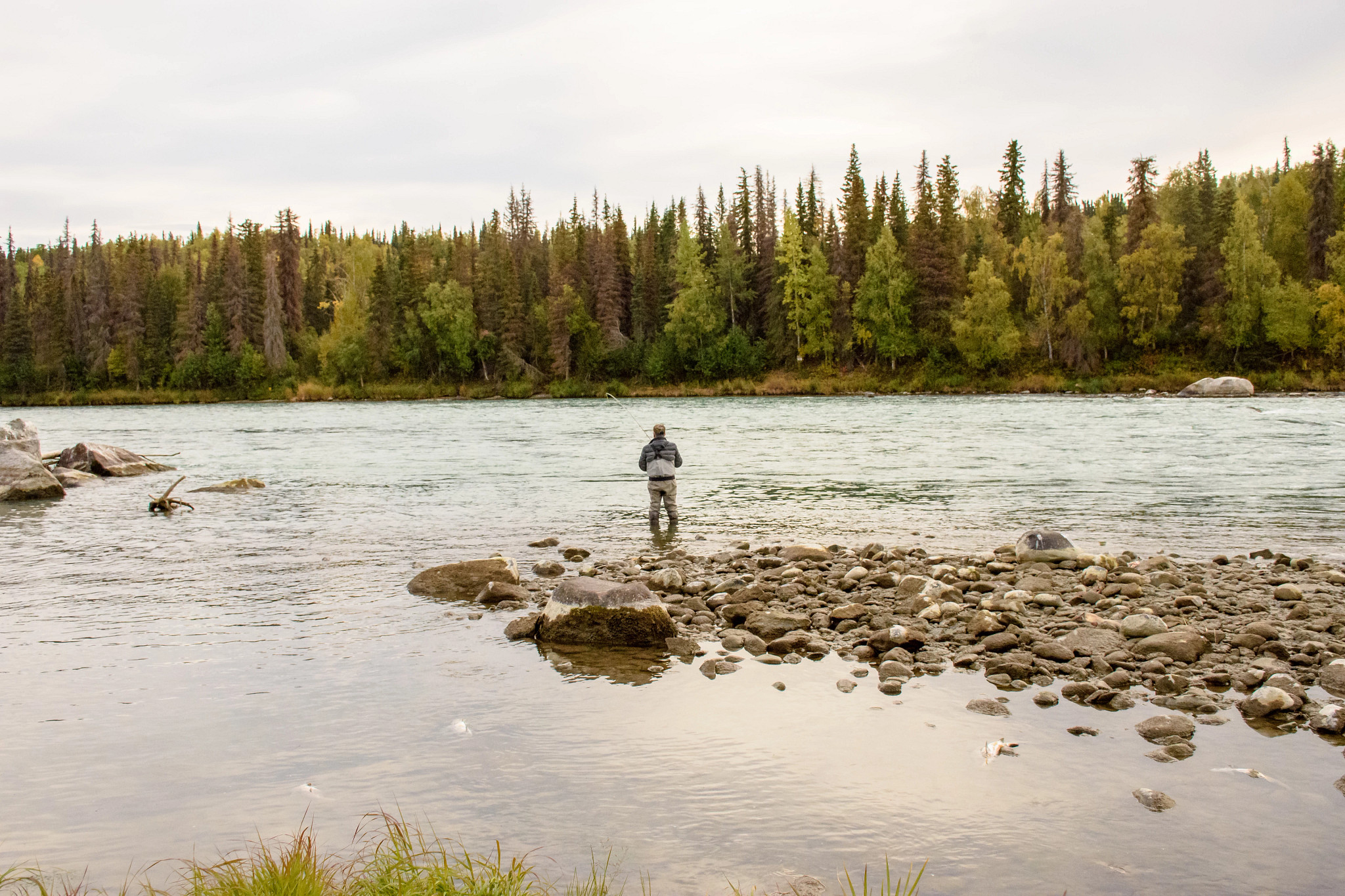 a man standing in water and fishing