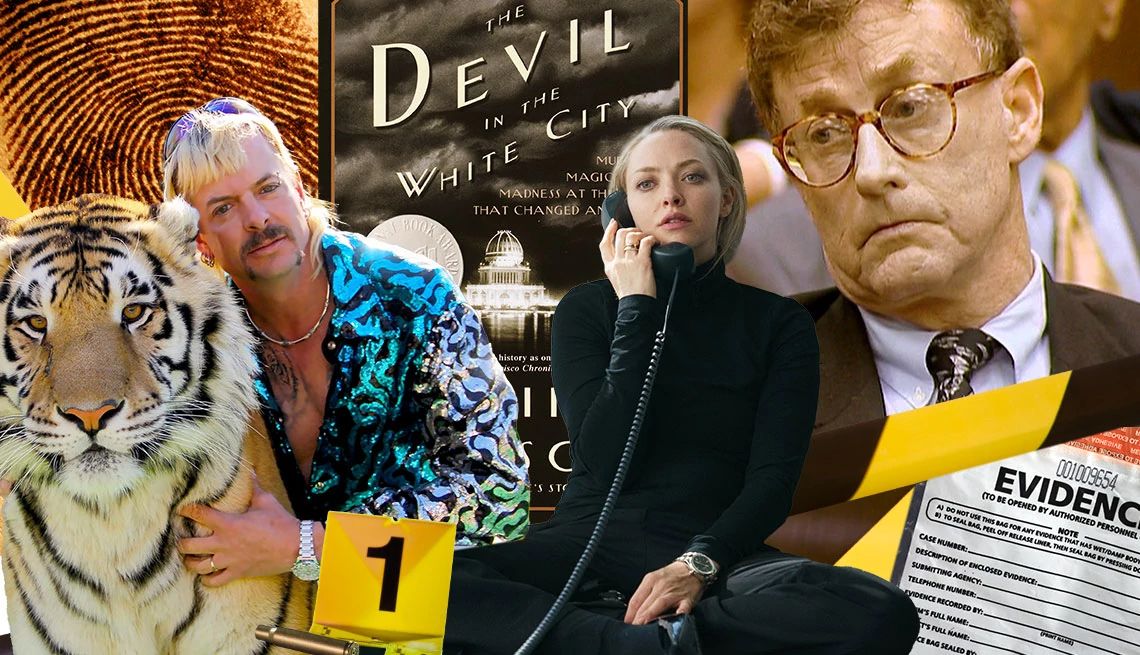 A collage of images ranging from Joe Exotic in Tiger King, a fingerprint, a book cover for The Devil in the White City, Amanda Seyfried as Elizabeth Holmes in The Dropout and Michael Peterson and an evidence bag
