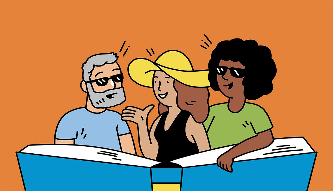 an illustration of people with a large book
