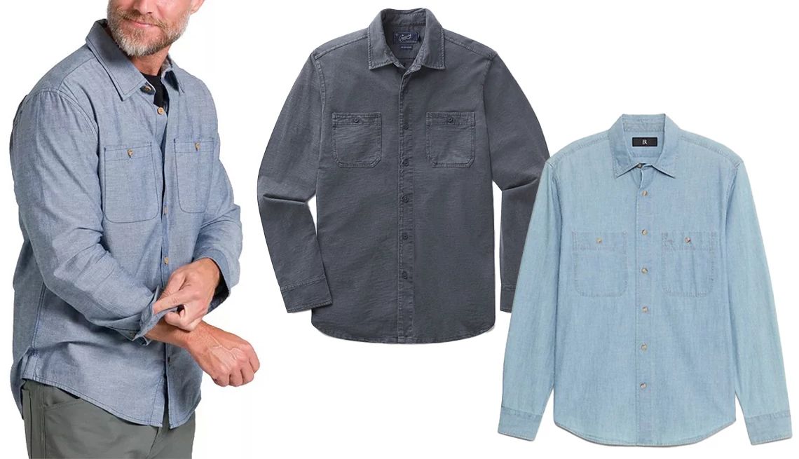 Wardrobe Essentials for Men a collage showing three different chambray shirts