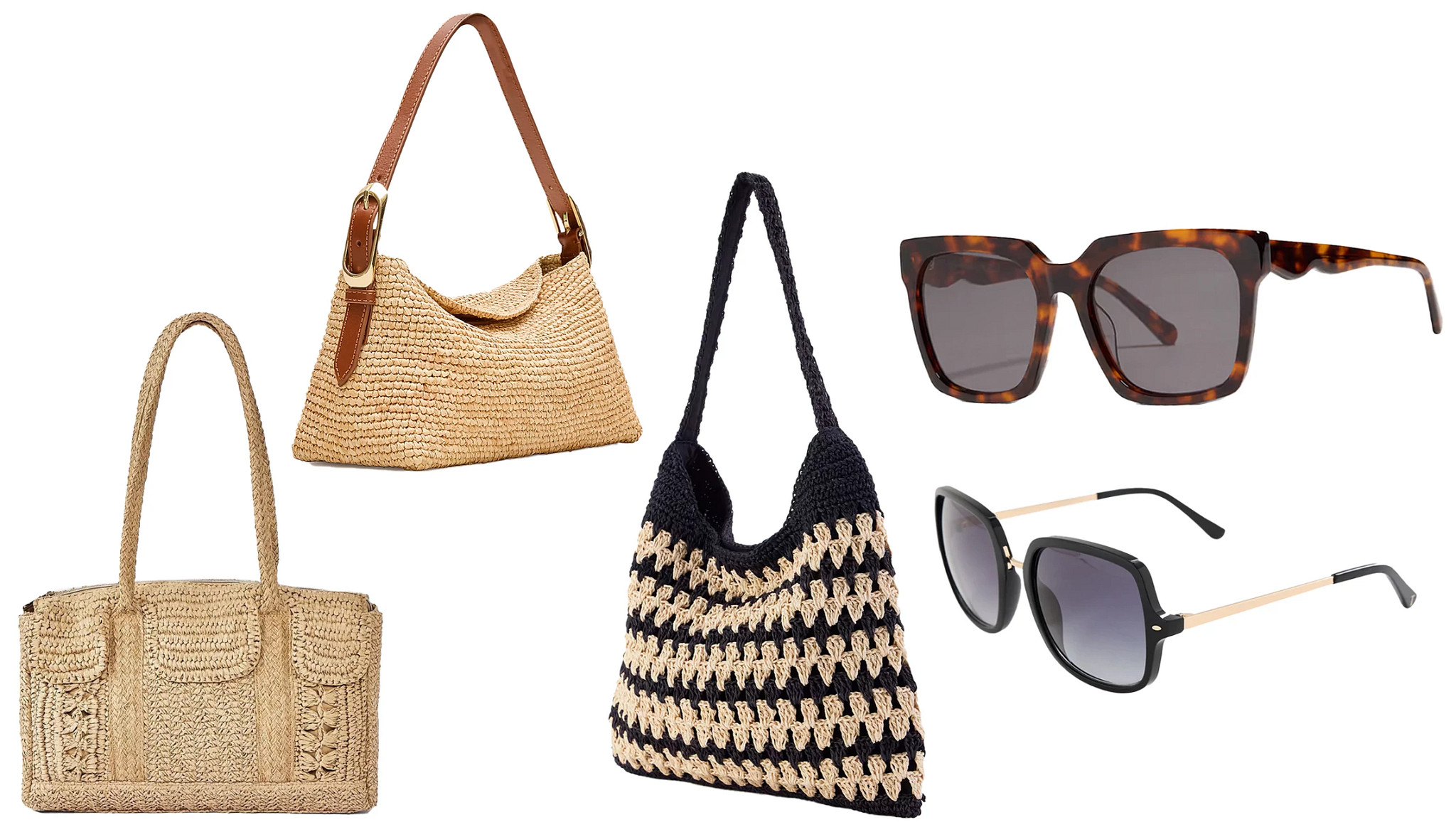 a collage with three different raffia handbags and two different pairs of sunglasses