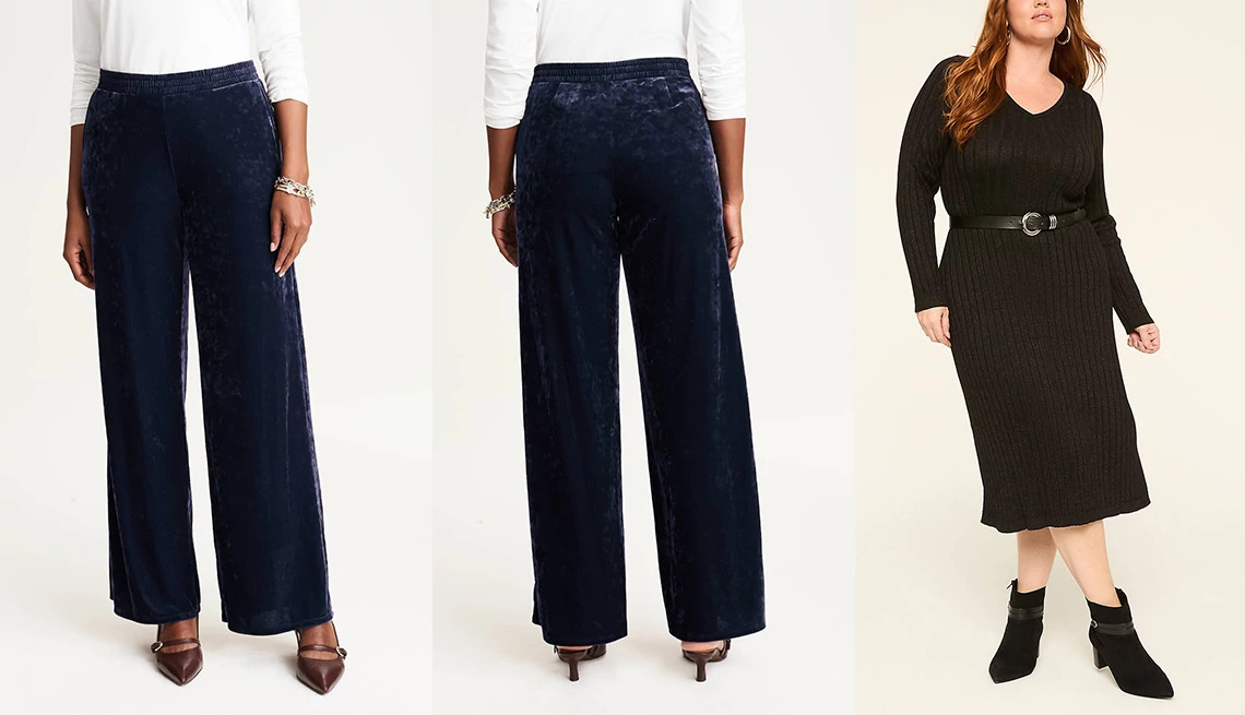 a collage with velvet trousers and a knit dress