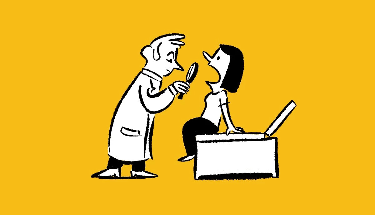 Illustration of a doctor examining a patient's throat with a handheld mirror as the patient sits on an exam table.