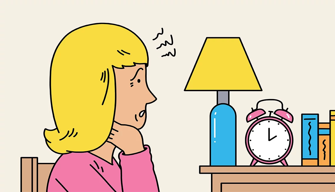 illustration of a blonde woman sitting up in bed at night, looking distressed and clutching her neck