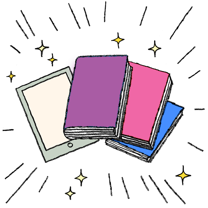 Illustration of three colorful books stacked beside a digital tablet