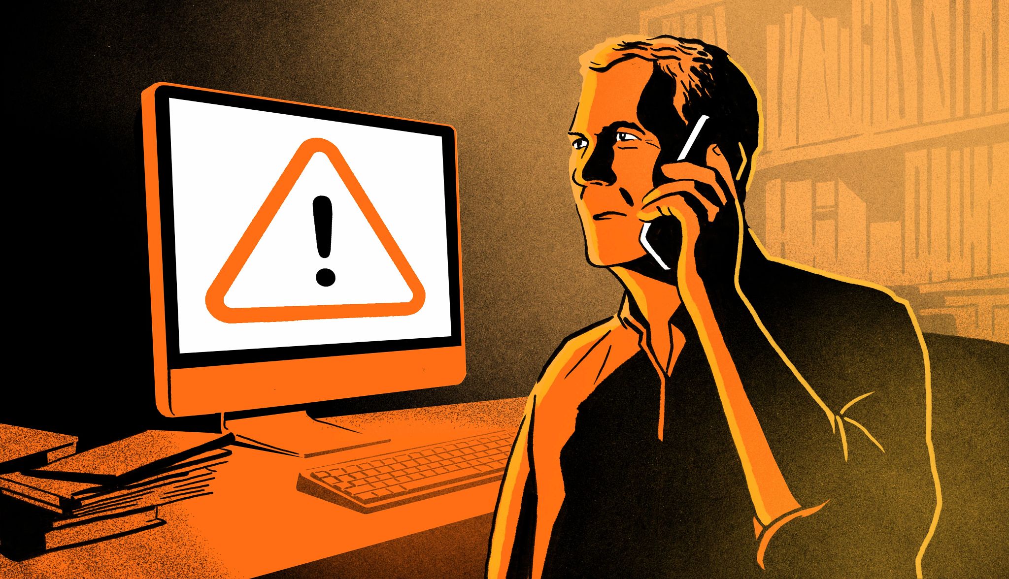 An illustration of a man on the phone staring at a computer screen with an alert on it