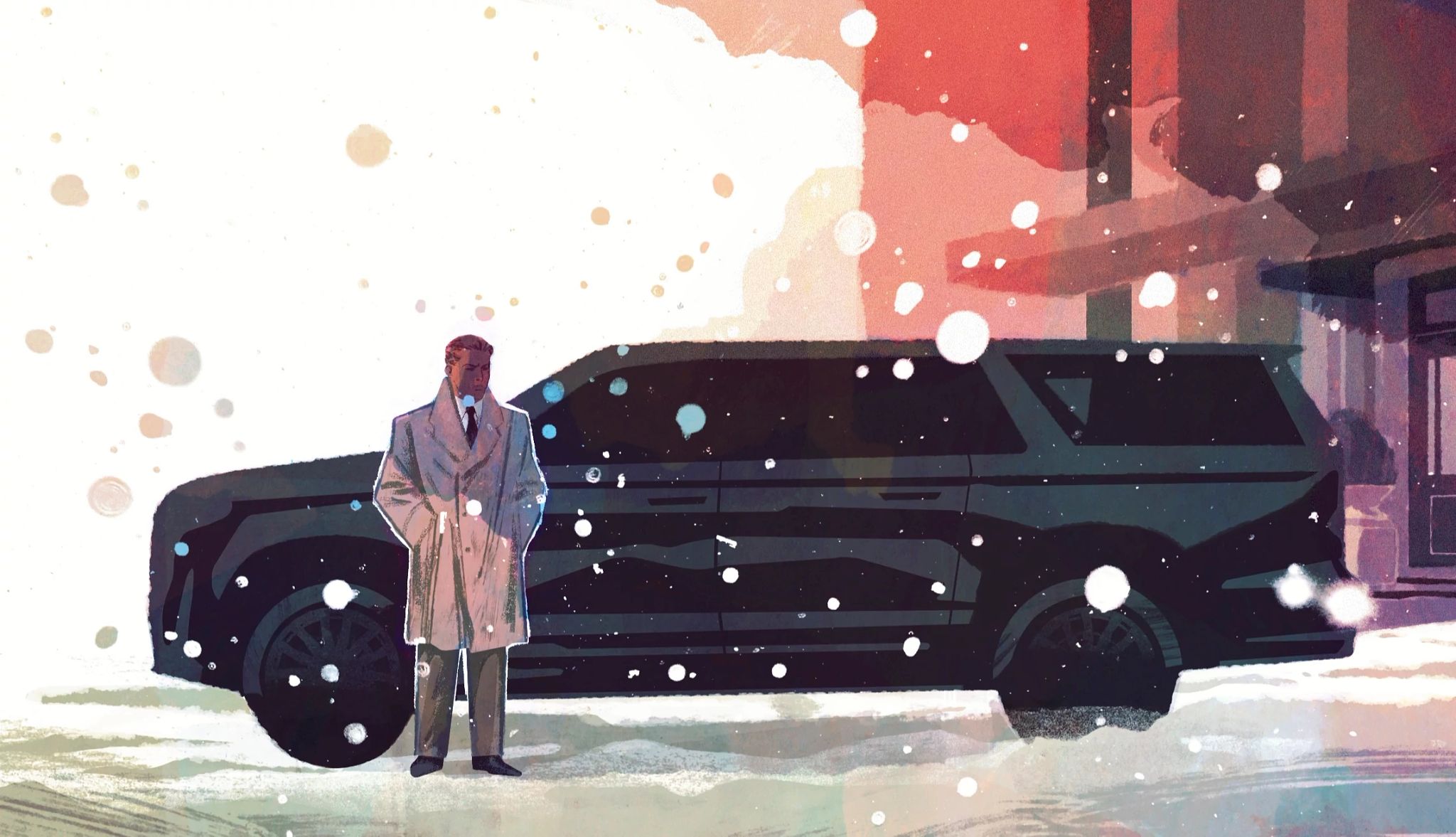 ‘The Christmas Mystery ‘Chapters 10-14 An illustration of a man in a trench coat standing in front of a black SUV parked on a snowy street.