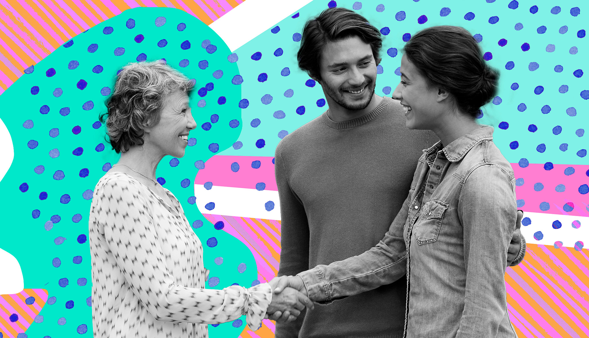 A mother and son's girlfriend warmly greeting with a handshake alongside smiling son standing nearby against a colorful patterned background
