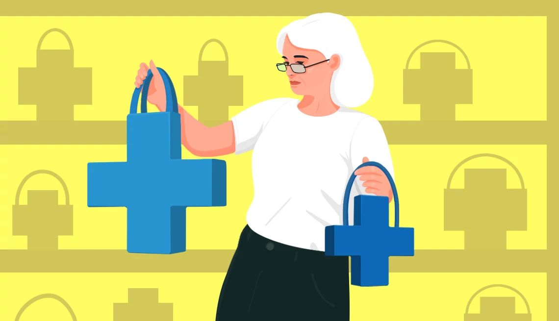 An illustration of a woman holding two stylized shopping bags, each shaped like a blue cross