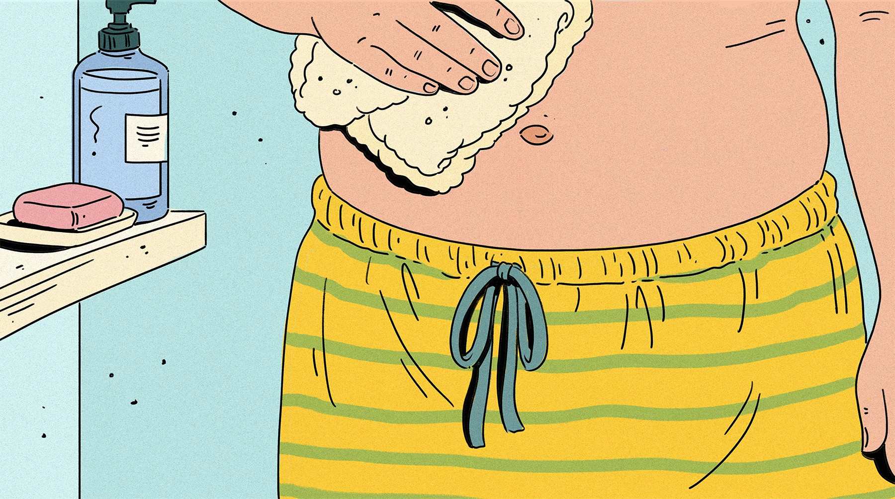 An illustration of a person gently cleaning their belly button with a washcloth in a bathroom. A bar of soap and a bottle of cleanser are visible on a nearby shelf.