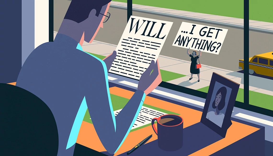 Inheritance issue a person reading a will with someone holding a sign outside asking if they will get anything