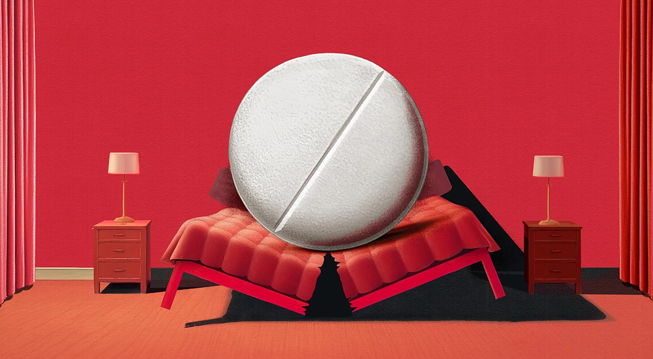 illustration of birth control on top of broke bed