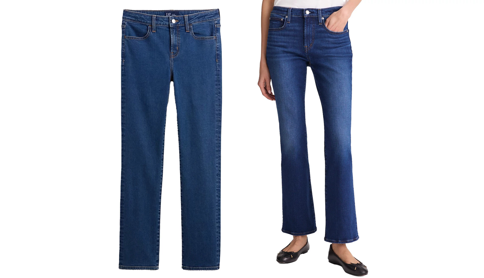 a collage showing two different options for blue jeans in classic styles