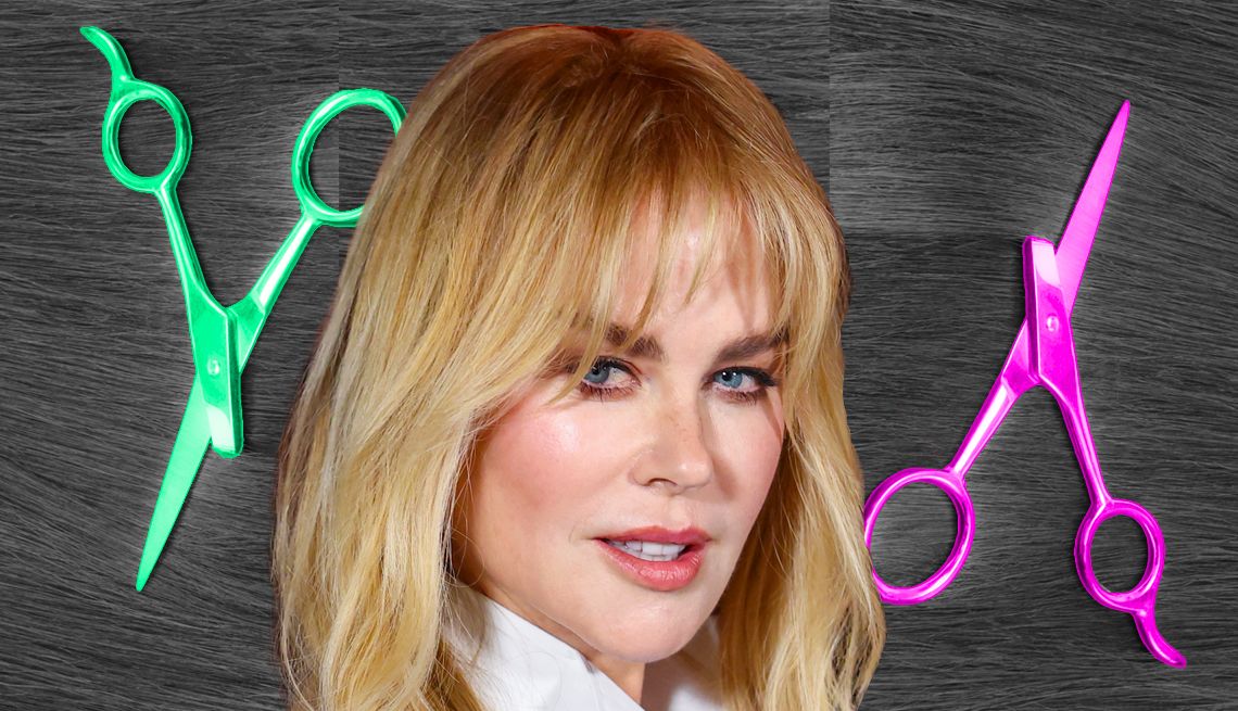 Nicole Kidman, Demi Moore Just Got Bangs a collage with nicole kidman and barber scissors