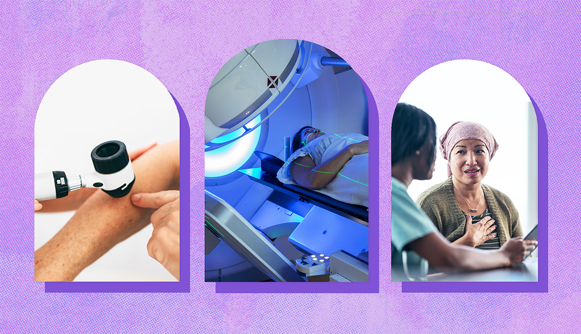 collage of people getting screened for different cancer types on a purple background