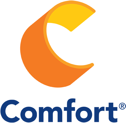 Comfort® Hotels Comfort Logo in blue lettering and large yellow and orange c symbol