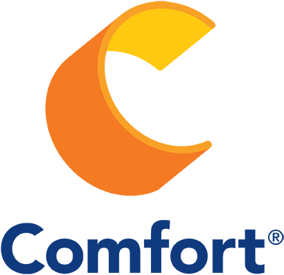 Comfort Logo in blue lettering and large yellow and orange c symbol