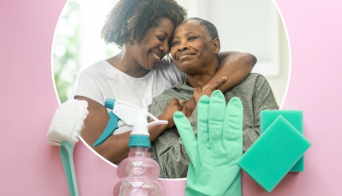Hiring House Cleaners cleaning supplies in front of two women hugging