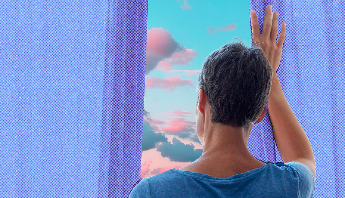 Mental health diagnoses rising among older adullts a woman parts a purple curtain to look at the sky