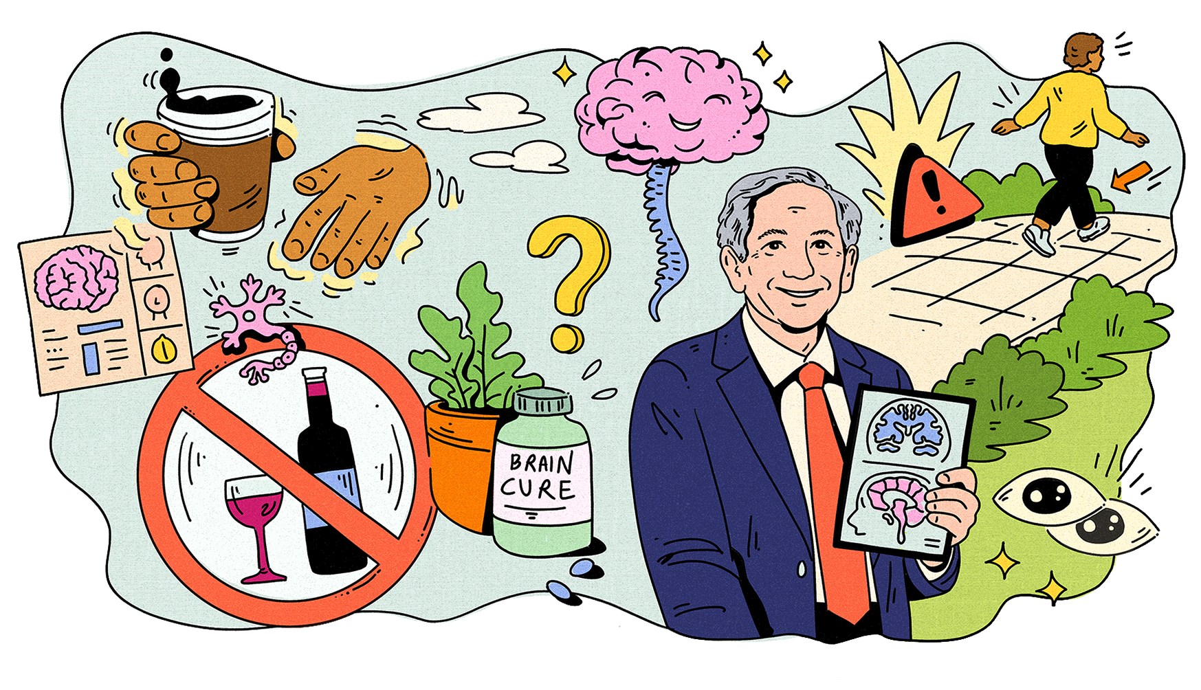 colorful collage illustration of a male neurologist in a suit holding brain scans. Surrounding him are various health symbols, including a brain and spine, a "Brain Cure" supplement bottle, a "No Alcohol" sign, a person walking on a grid with a warning sign, and a hand holding a cup of coffee.