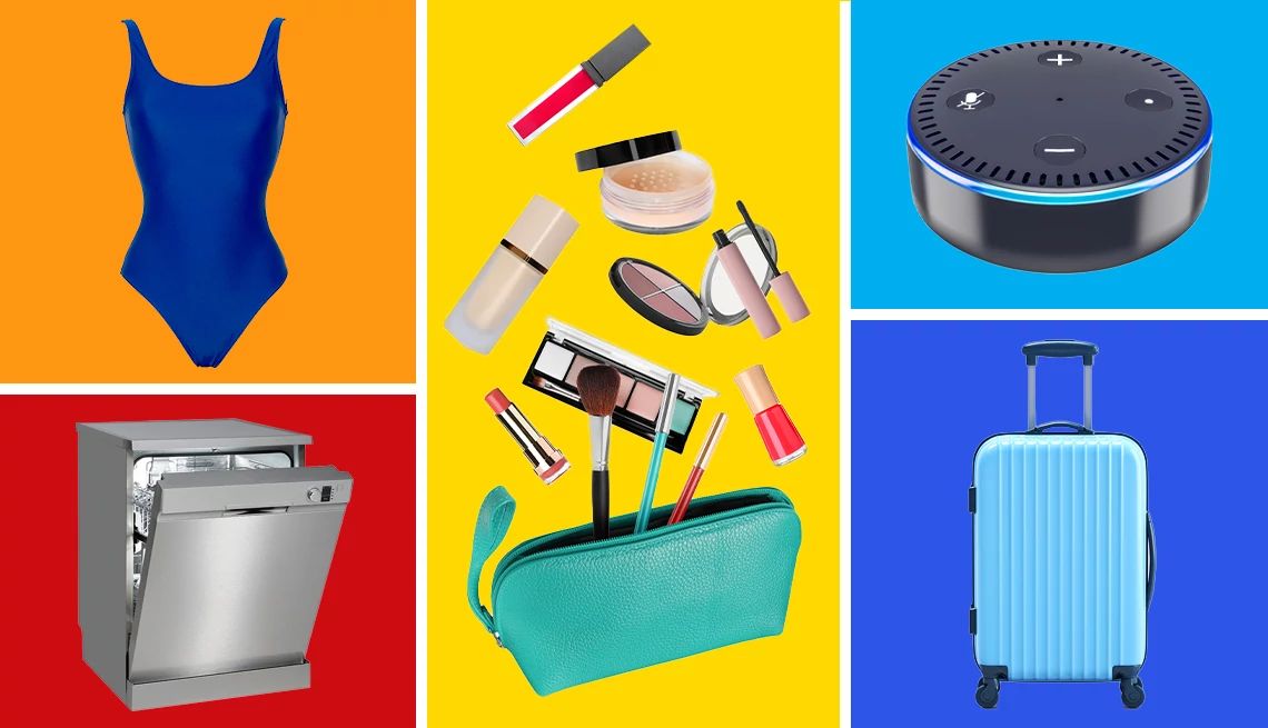 What to Buy in September a collage of things on sale in september, including swimwear, cosmetics, appliances and luggage
