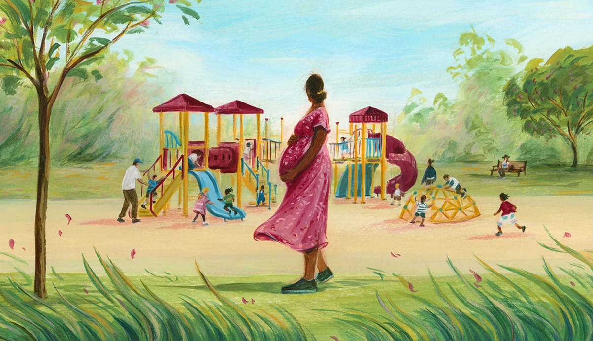 illustration of a pregnant older woman standing near a playground while children play on slides and climbing structures in a sunny park