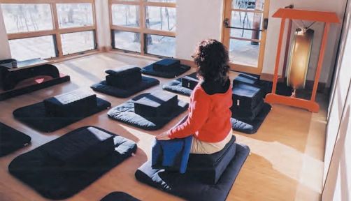 Travelers can see the Colorado Rockie from The Drala Mountain Center woman on a mat at The Drala Mountain Center