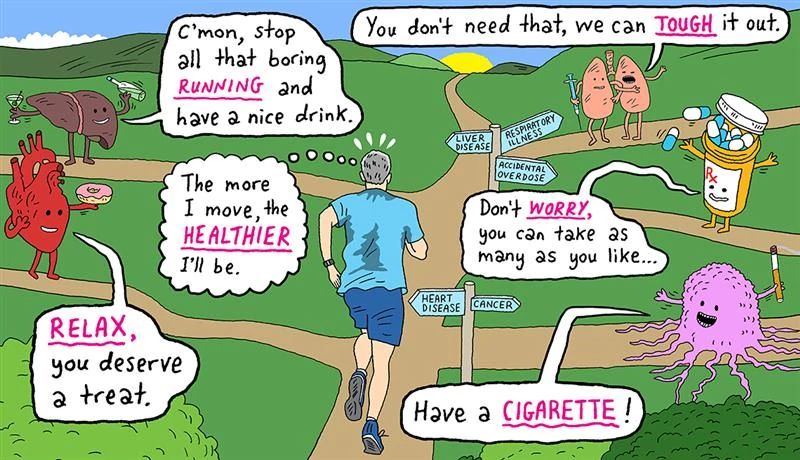 illustration of a man running in the countryside with drawings of organs and pill bottles tempting him to indulge in his vices