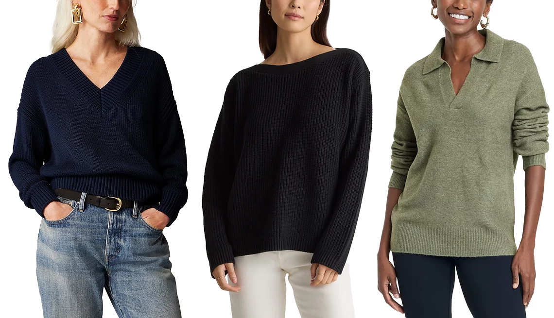 Know which sweaters do the most for you J. Crew Relaxed V-Neck Sweater in Navy; Quince 100% Organic Cotton Fisherman Boatneck Sweater in Black; A New Day Women’s Cozy Knit Polo Collar Pullover Sweater in Green