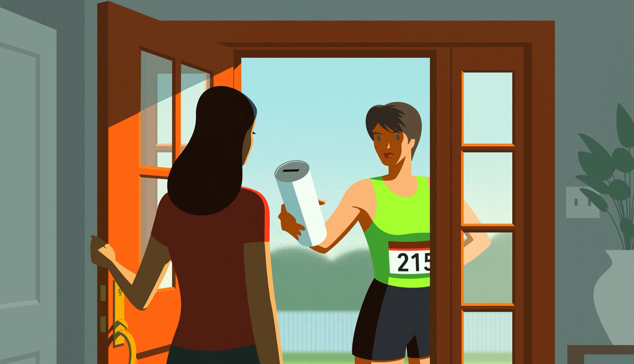 Asking Friends for Donations a woman in running gear stands in the doorway of a friend's home. she is holding out a donation container