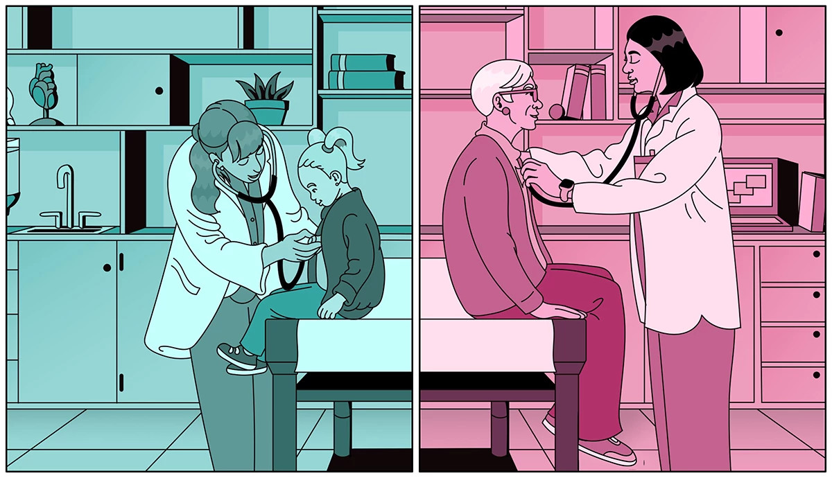 Side-by-side illustration of doctors examining patients across different ages, showing a doctor listening to a young child's heart on the left and a doctor examining an older adult woman on the right.