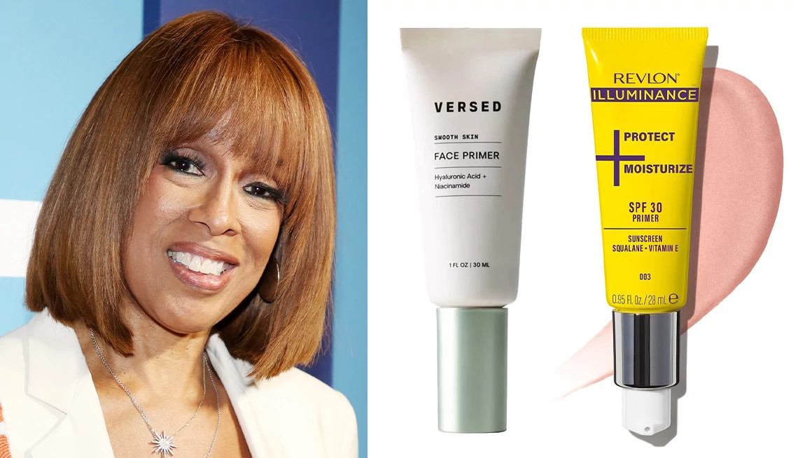 gayle king wearing a hairstyle with bangs and two face primer products