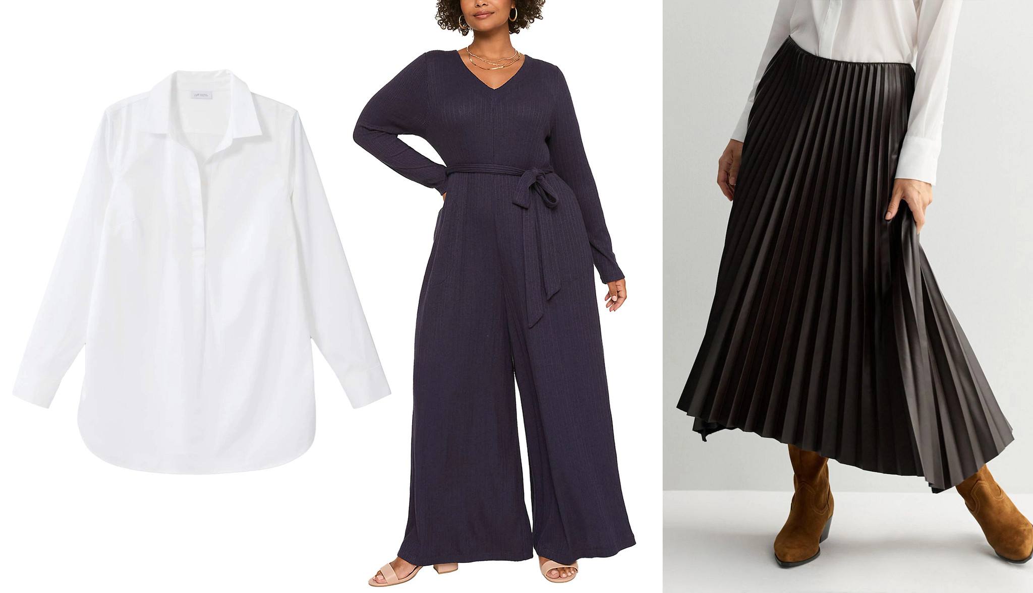 a white button down shirt, a model wearing wide leg jumpsuit and a black pleated midi skirt